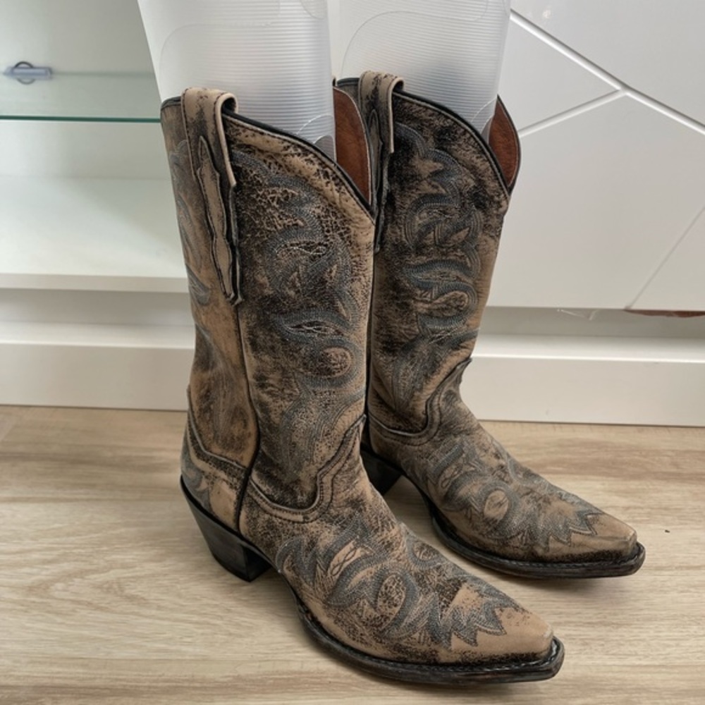 Dan Post Floral Embroidery Western Boot White TAN Women's 7
